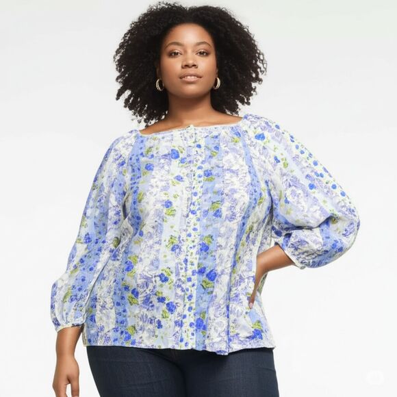 Lauren Conrad Top Womens 4X Blue Floral Tunic Buttons Loose Peasant Cottagecore - Picture 3 of 9